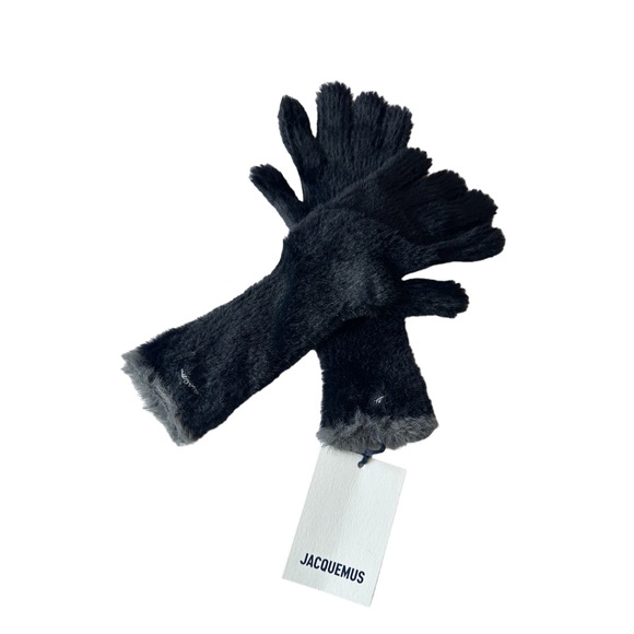 Jacquemus LES NEVE FLUFFY LOGO-EMBROIDERED GLOVES IN BLACK NWT - Picture 2 of 5